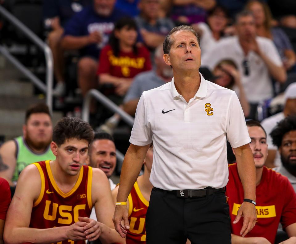 USC Trojans head coach Eric Musselman watches his team from the bench during the second half of their exhibition game at Acrisure Arena in Palm Desert, Calif., Saturday, Oct. 26, 2024.