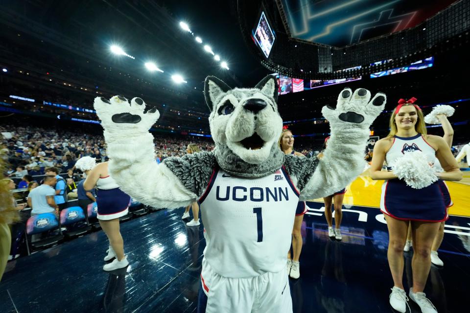 Apr 3, 2023; Houston, TX, USA; Connecticut Huskies mascot performs before playing against the San Diego State Aztecs in the national championship game of the 2023 NCAA Tournament at NRG Stadium. Mandatory Credit: Robert Deutsch-USA TODAY Sports