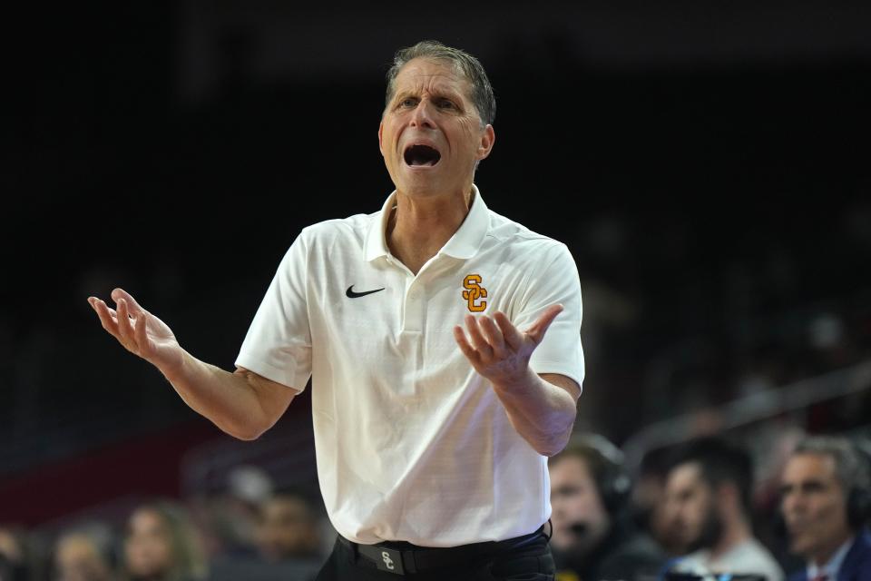 Nov 13, 2024; Los Angeles, California, USA; Southern California Trojans head coach Eric Musselman reacts against the Texas-Arlington Mavericks at Galen Center. Mandatory Credit: Kirby Lee-Imagn Images