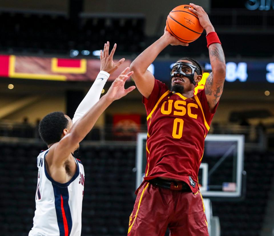 USC Trojans forward Saint Thomas (0) looks to shoot during the second half of their exhibition game at Acrisure Arena in Palm Desert, Calif., Saturday, Oct. 26, 2024.
