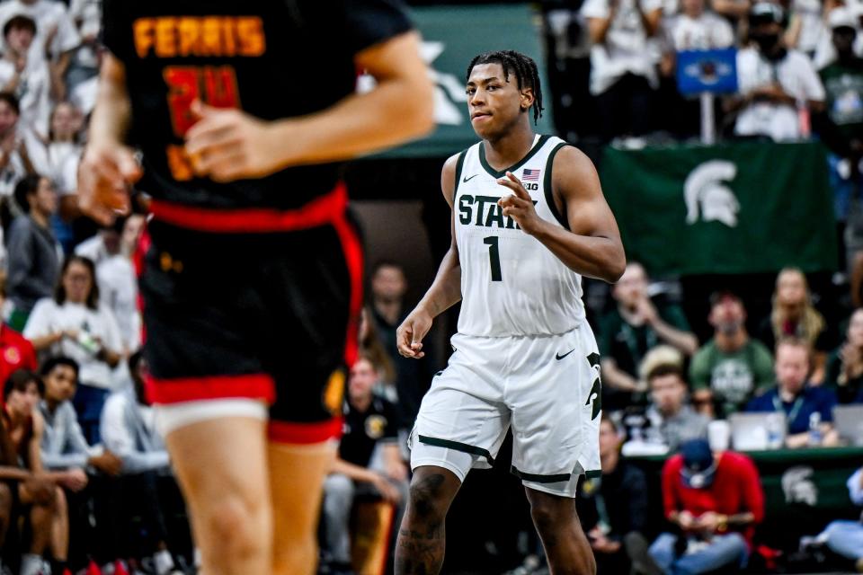 Michigan State's Jeremy Fears Jr. celebrates a 3-pointer against Ferris State during the second half on Tuesday, Oct. 29, 2024, in East Lansing.