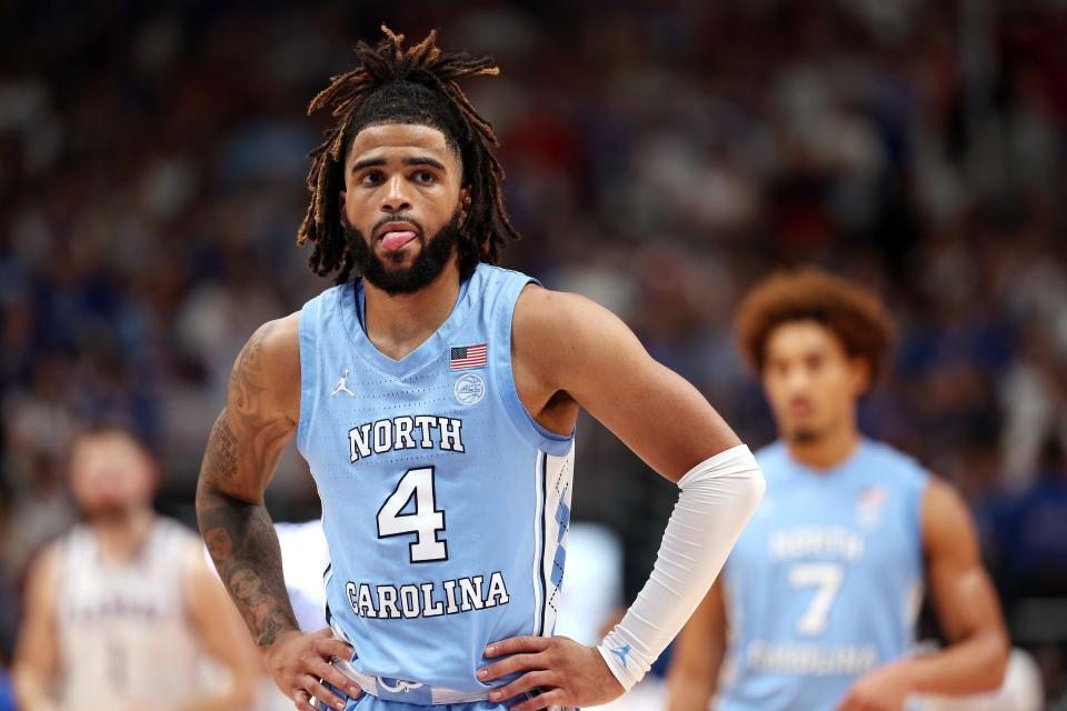 LAWRENCE, KANSAS - NOVEMBER 08: RJ Davis #4 of the North Carolina Tar Heels reacts after a foul during the second half of the game against the Kansas Jayhawks at Allen Fieldhouse on November 08, 2024 in Lawrence, Kansas. (Photo by Jamie Squire/Getty Images)