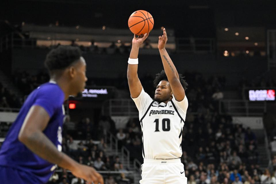 Nov 9, 2024; Providence, Rhode Island, USA; Providence Friars forward Rich Barron (10) shoots against the Stonehill Skyhawks during the first half at Amica Mutual Pavilion. Mandatory Credit: Eric Canha-Imagn Images