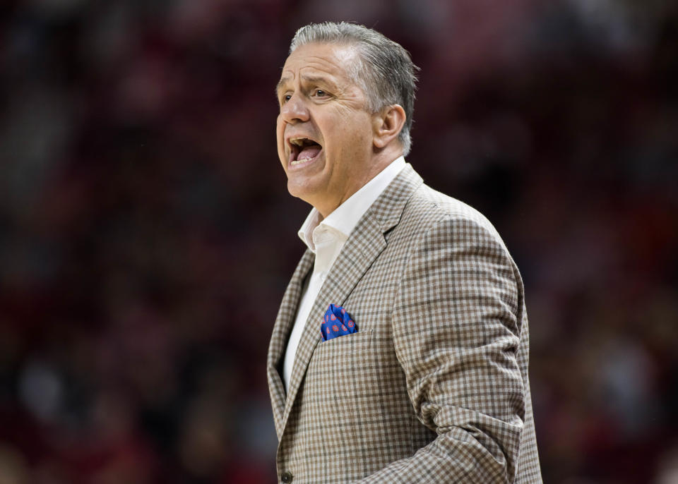 Dec 7, 2024; Fayetteville, Arkansas, USA; Arkansas Razorbacks head coach John Calipari yells to his players on the floor during the first half against the Texas-San Antonio Roadrunners at Bud Walton Arena. Mandatory Credit: Brett Rojo-Imagn Images