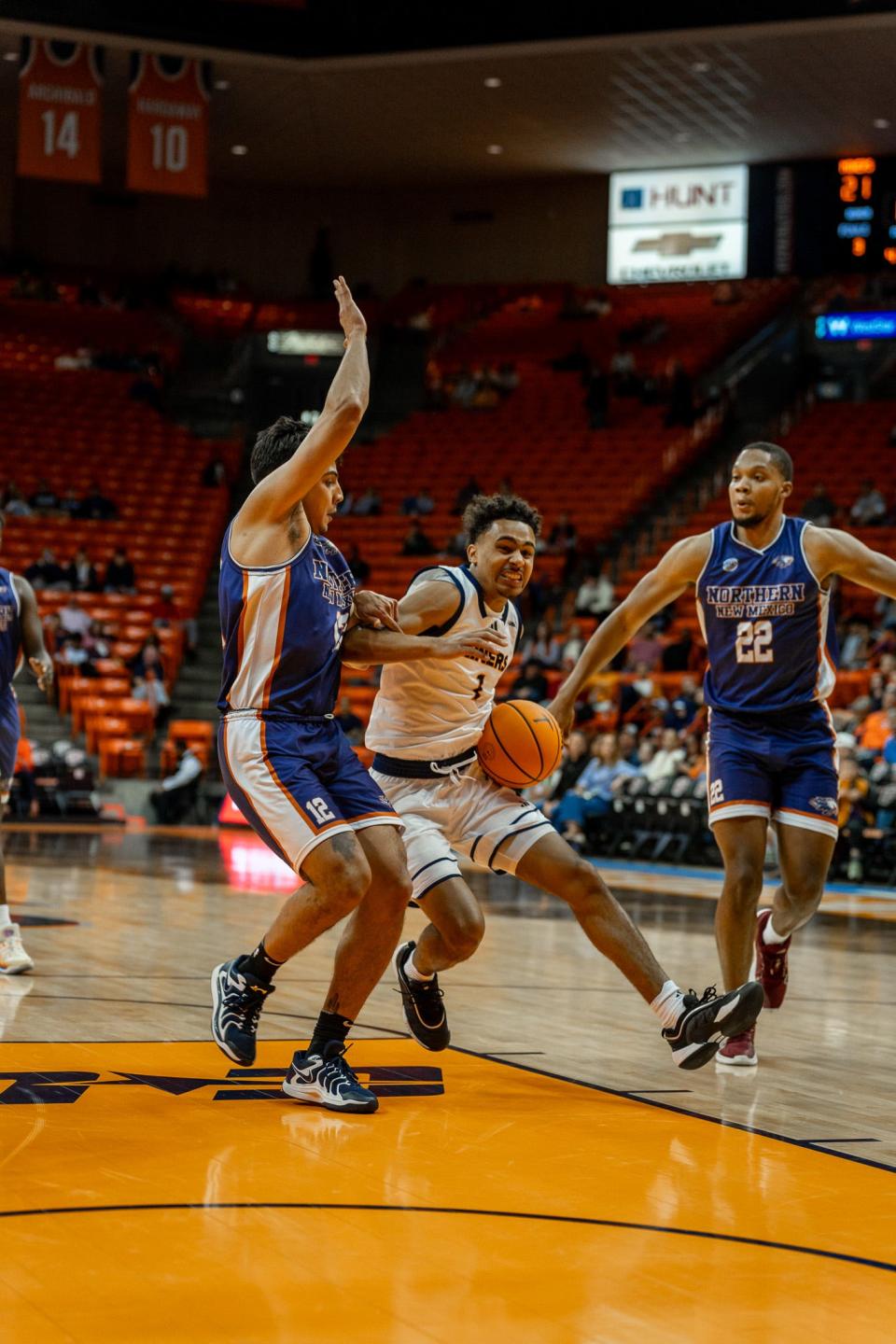 UTEP freshman guard KJ Lewis drives the lane against Northern New Mexico at the Don Haskins Center Saturday night