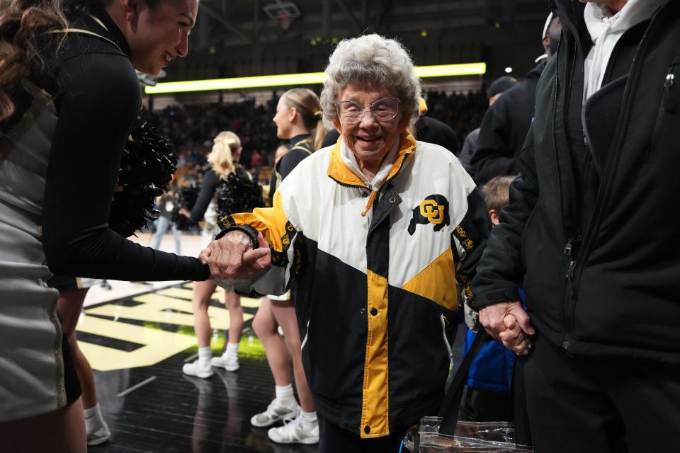 Dec 30, 2024; Boulder, Colorado, USA; Colorado Buffaloes fan Peggy Coppom before the game against the Iowa State Cyclones at CU Events Center. Mandatory Credit: Ron Chenoy-Imagn Images
