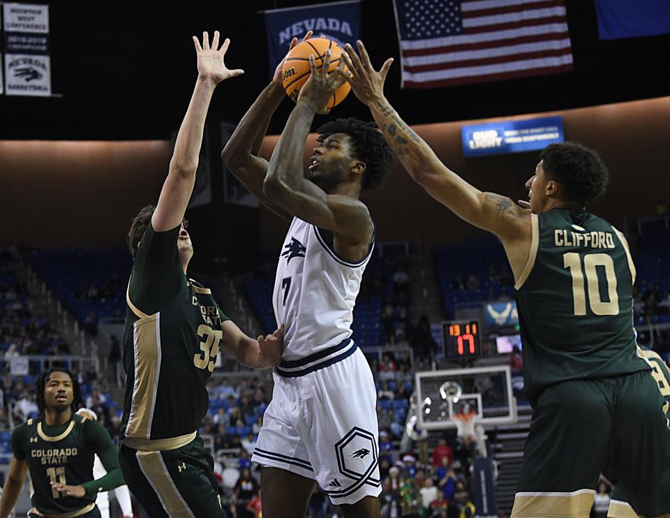 Nevada’s Brandon Love shoots while taking on Colorado State at Lawlor Events Center in Reno on Dec. 21, 2024.