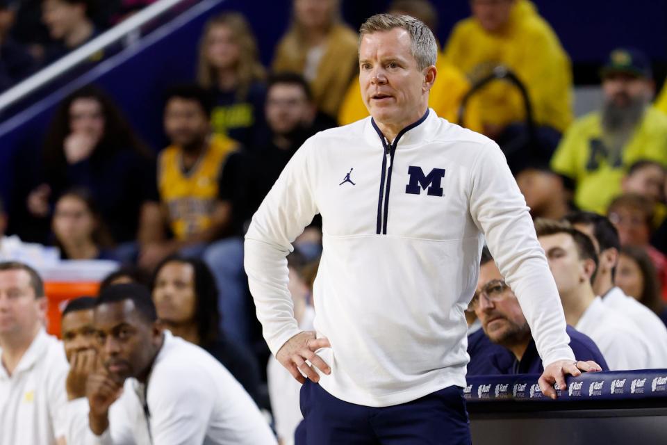 Michigan Wolverines head coach Dusty May looks on in the first half against the Western Kentucky Hilltoppers at Crisler Center in Ann Arbor on Sunday, Dec. 29, 2024.