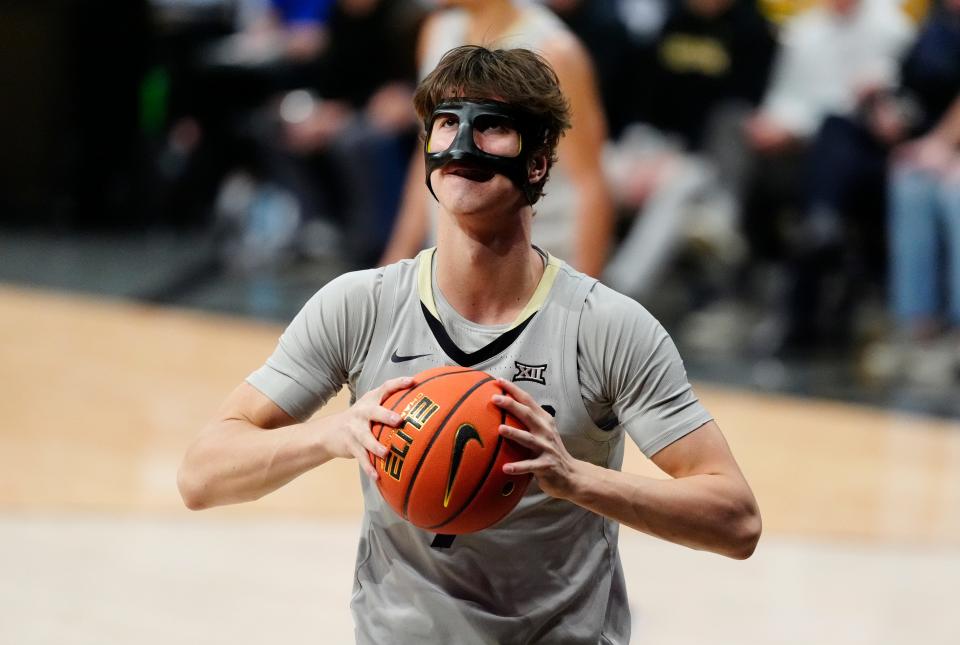 Dec 30, 2024; Boulder, Colorado, USA; Colorado Buffaloes forward Sebastian Rancik (7) reacts in the first half against the Colorado Buffaloes at CU Events Center. Mandatory Credit: Ron Chenoy-Imagn Images