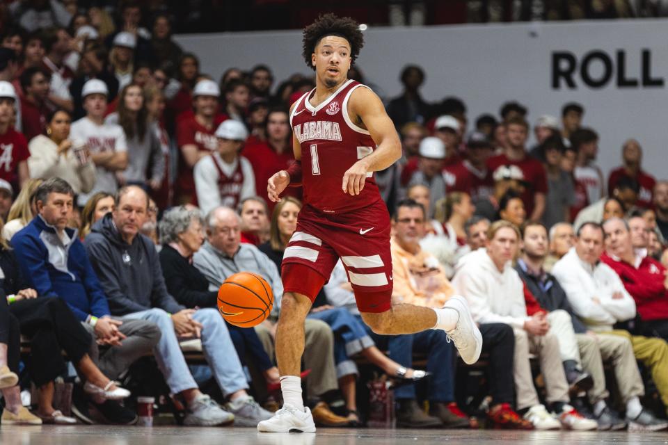 Dec 14, 2024; Tuscaloosa, Alabama, USA; Alabama Crimson Tide guard Mark Sears (1) drives the ball against the Creighton Bluejays during the second half at Coleman Coliseum. Mandatory Credit: Will McLelland-Imagn Images