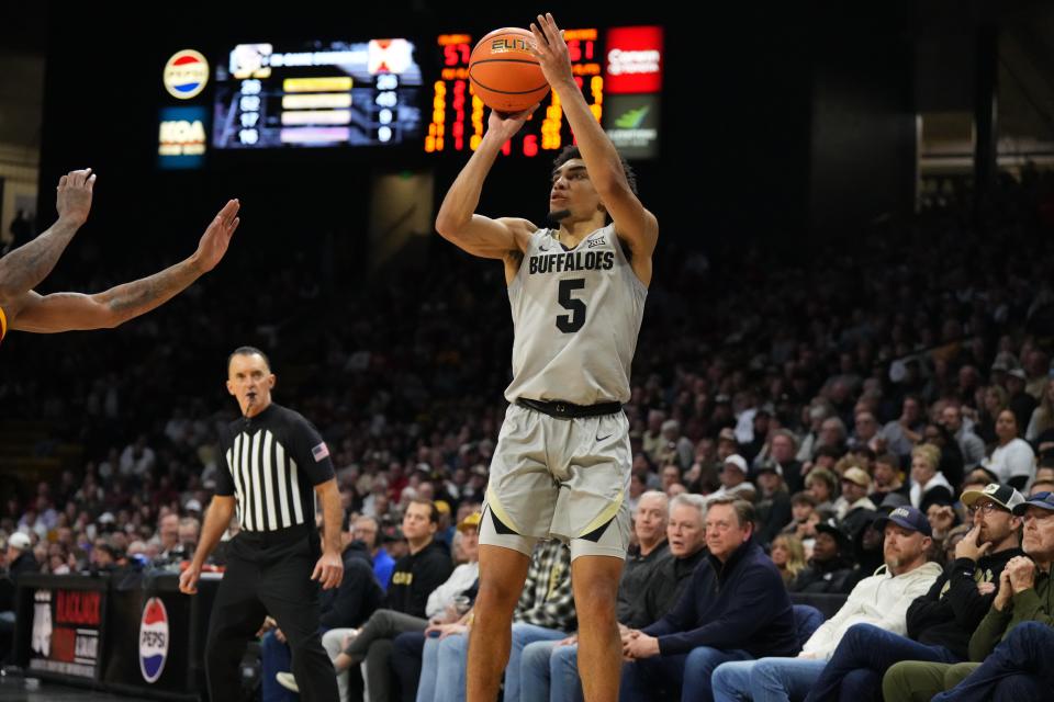 Dec 30, 2024; Boulder, Colorado, USA; Colorado Buffaloes guard RJ Smith (5) lines up a shot in the second half against the Iowa State Cyclones at CU Events Center. Mandatory Credit: Ron Chenoy-Imagn Images