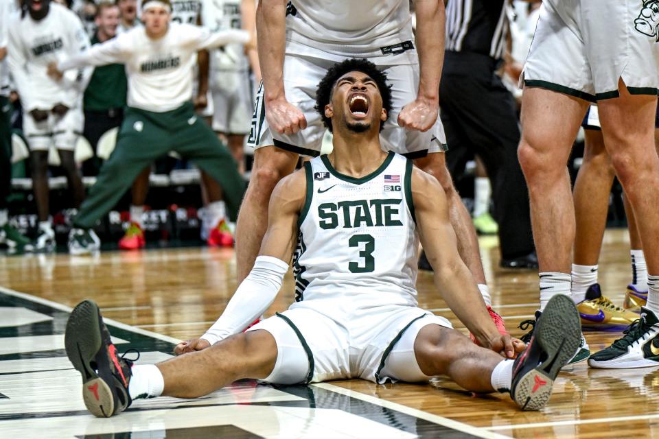 Michigan State's Jaden Akins celebrates after a score and drawing a Penn State foul late during the second half on Wednesday, Jan. 15, 2025, at the Breslin Center in East Lansing.