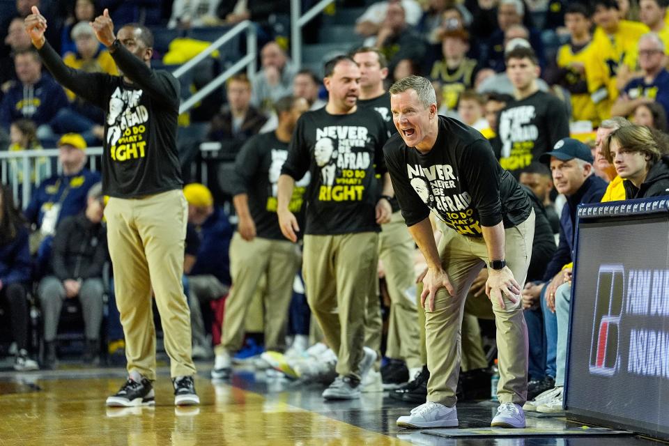 Michigan head coach Dusty May watches a play against Northwestern during the first half at Crisler Center in Ann Arbor on Sunday, Jan. 19, 2025.