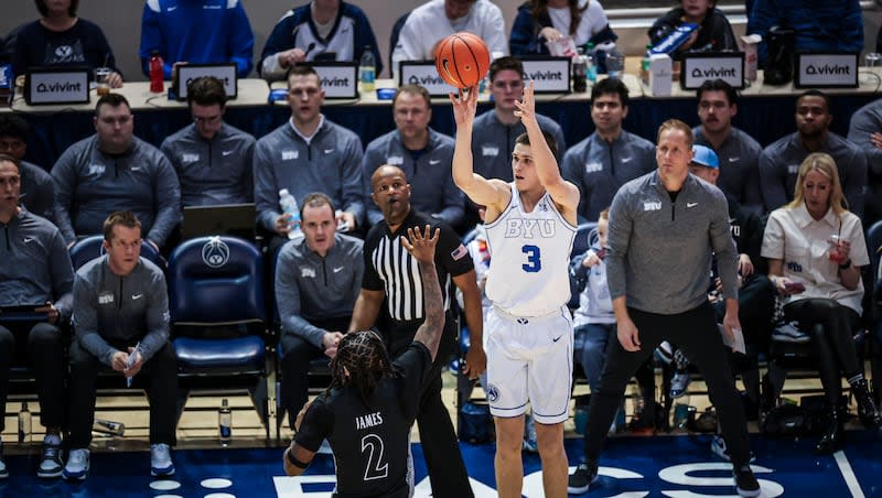 BYU guard Egor Demin shoots a 3-pointer against Cincinnati at the Marriott Center in Provo on Saturday, Jan. 25, 2025.