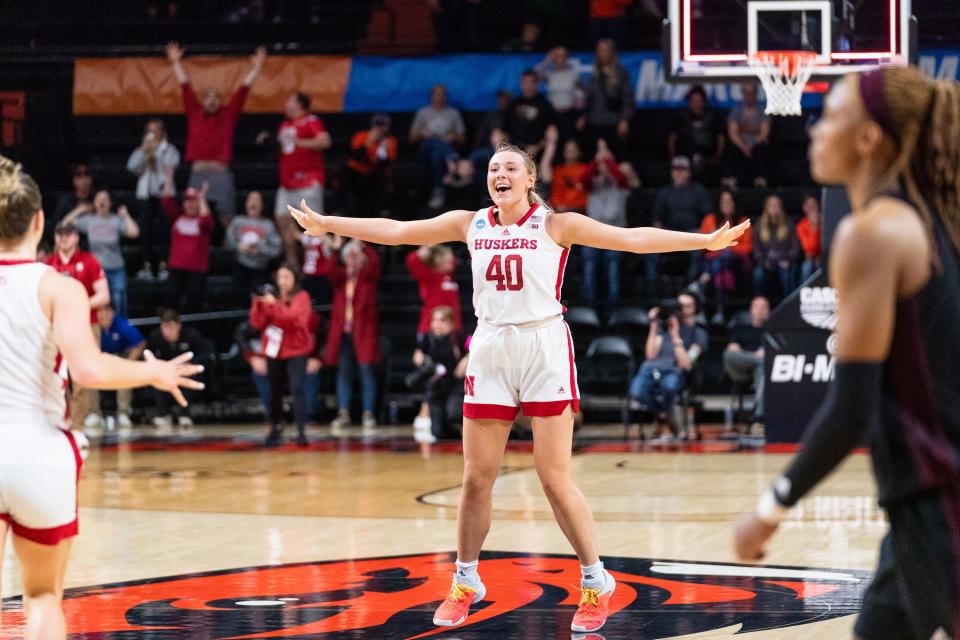 CORVALLIS, OREGON - MARCH 22: Center Alexis Markowski #40 of the Nebraska Cornhuskers reacts after a 61-59 win over the Texas A&M Aggies during a 2024 NCAA Women's Basketball Tournament first round game at Gill Coliseum on March 22, 2024 in Corvallis, Oregon. (Photo by Ali Gradischer/Getty Images)