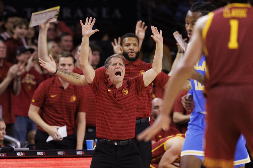 LOS ANGELES, CA- JANUARY 27, 2025: USC Trojans head coach Eric Musselman gestures.