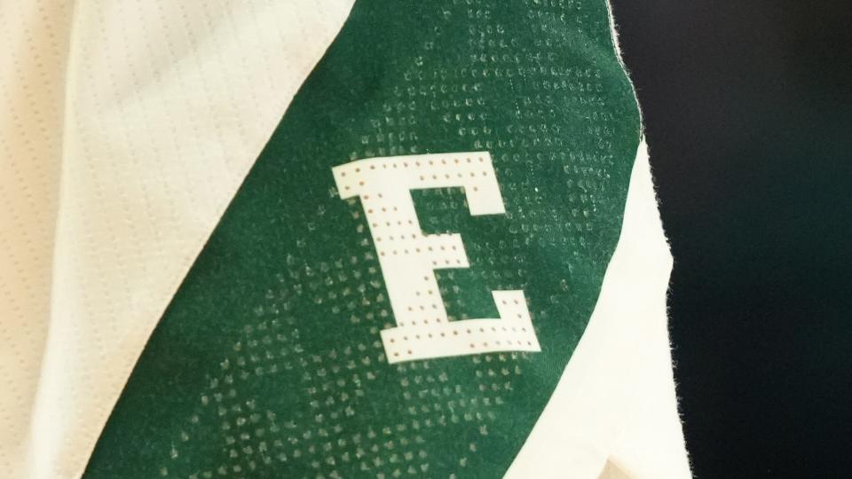 YPSILANTI, MI - DECEMBER 18:  The Eastern Michigan Eagles logo on a pair of shorts during a college basketball game against the Detroit Mercy Titans at the George Gervin GameAbove Center on December 18, 2022 in Ypsilanti, Michigan.  (Photo by Mitchell Layton/Getty Images)