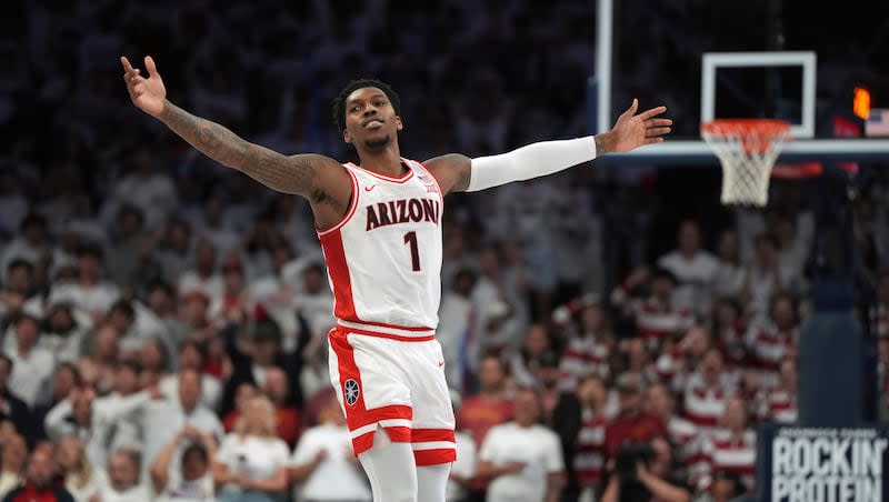 Arizona guard Caleb Love during game against Iowa State, Monday, Jan. 27, 2025, in Tucson, Ariz. Love and the rest of the No. 20-ranked Wildcats will be in Provo Tuesday night for a late-night affair.